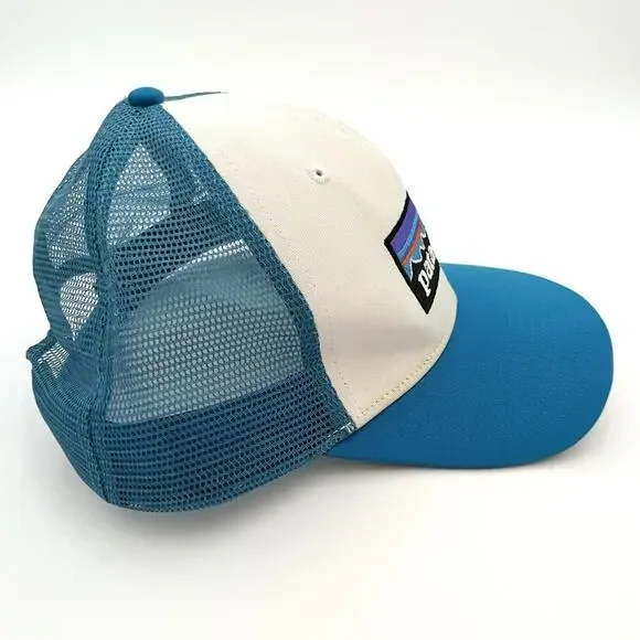 Patagonia P-6 Logo Trucker Hat Snapback Mesh Adjustable White Light Blue Cap - Picture 2 of 7